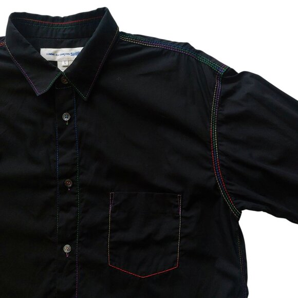 (SOLD) Comme des Garçons Shirt Black Button Up Contrasting Rainbow Stitching - Picture 4 of 7
